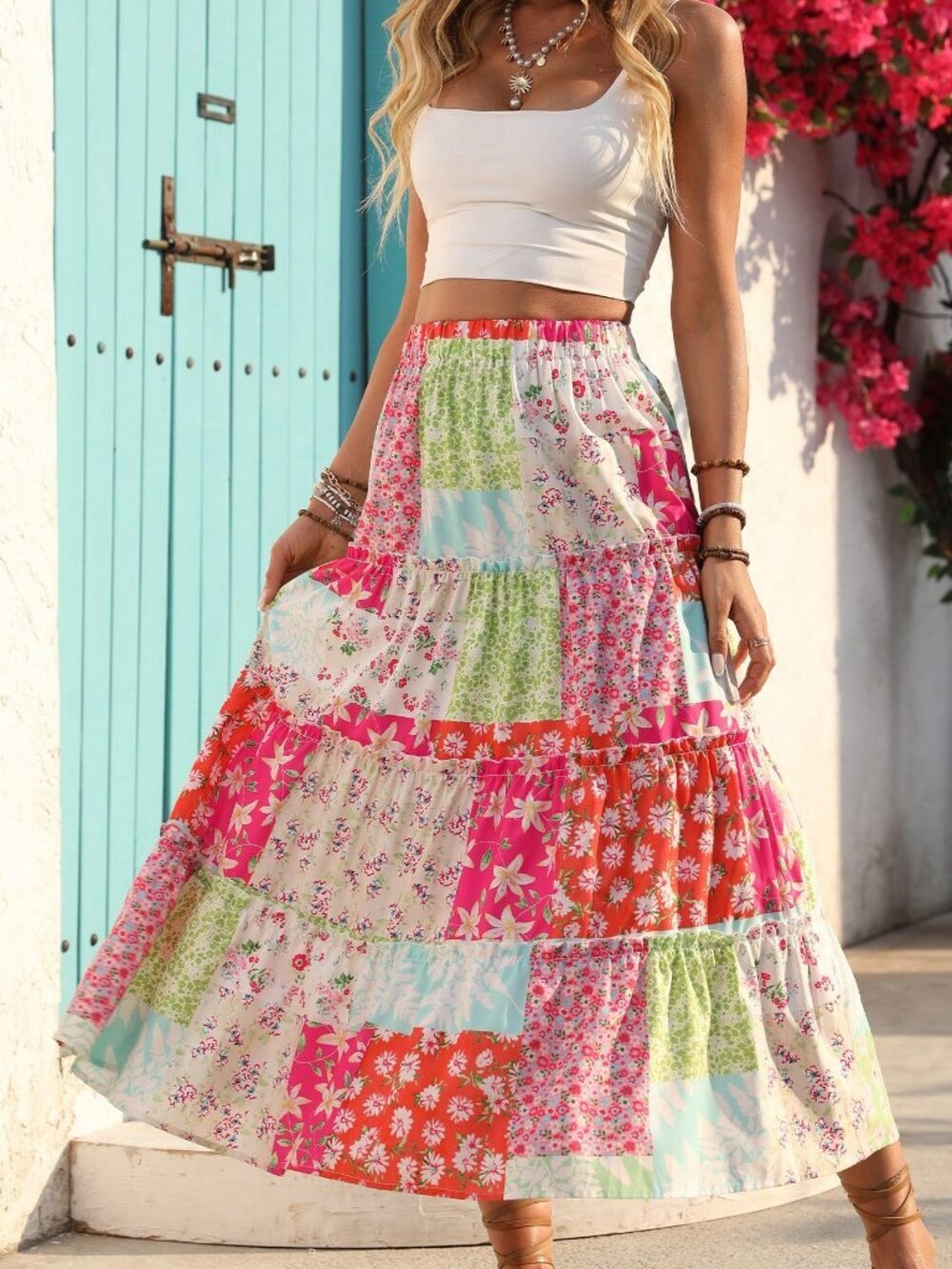 Multicolor boho Casual Women's Colorblock Floral Print Ruffle Hem maxi Skirt - Picture 4 of 10